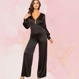 Symphony Black Satin Long Sleeve Wide Leg Jumpsuit – Size L
